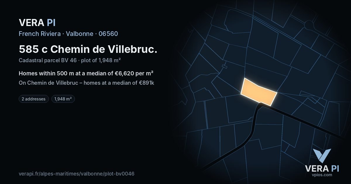 585 c Chemin de Villebruc, Valbonne at night – the plot lit, the parcels around coloured by the prices near them