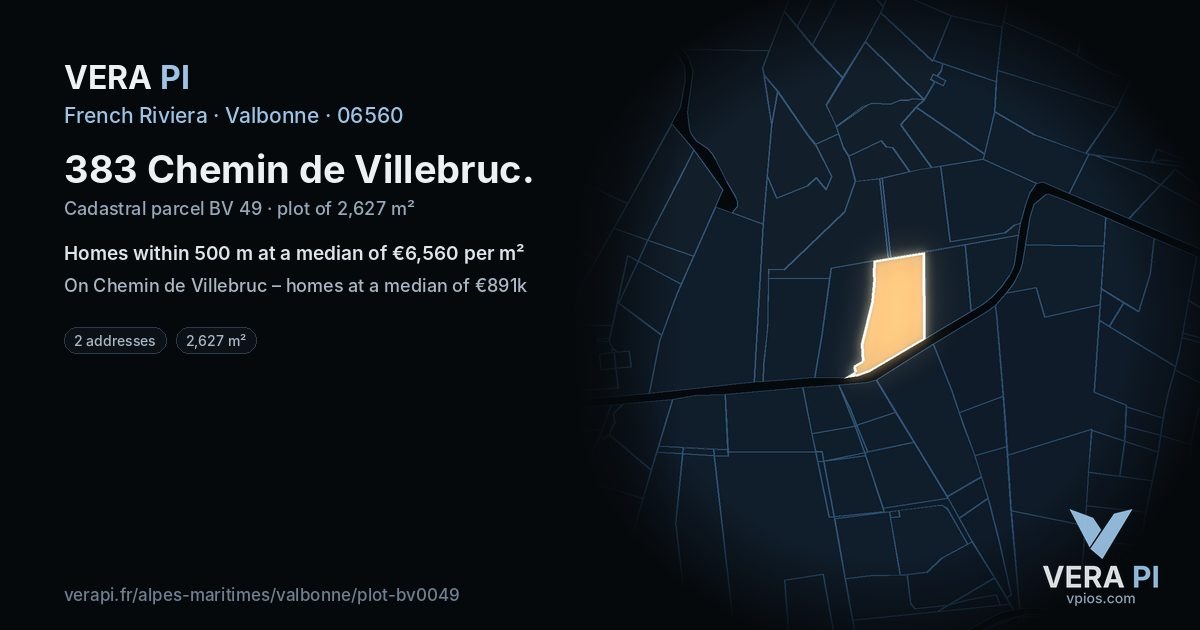 383 Chemin de Villebruc, Valbonne at night – the plot lit, the parcels around coloured by the prices near them