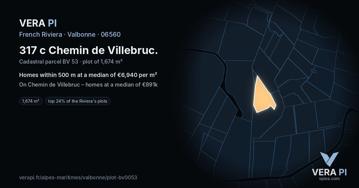 317 c Chemin de Villebruc, Valbonne at night – the plot lit, the parcels around coloured by the prices near them