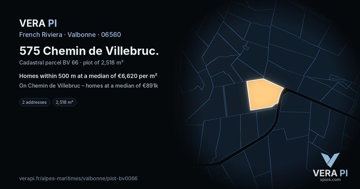 575 Chemin de Villebruc, Valbonne at night – the plot lit, the parcels around coloured by the prices near them