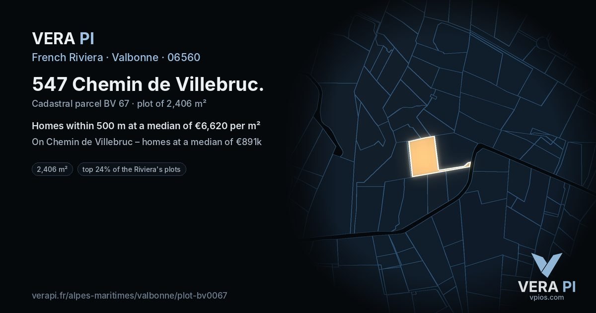 547 Chemin de Villebruc, Valbonne at night – the plot lit, the parcels around coloured by the prices near them