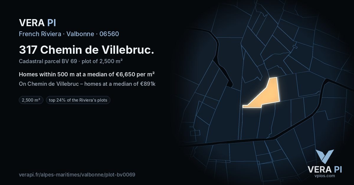317 Chemin de Villebruc, Valbonne at night – the plot lit, the parcels around coloured by the prices near them
