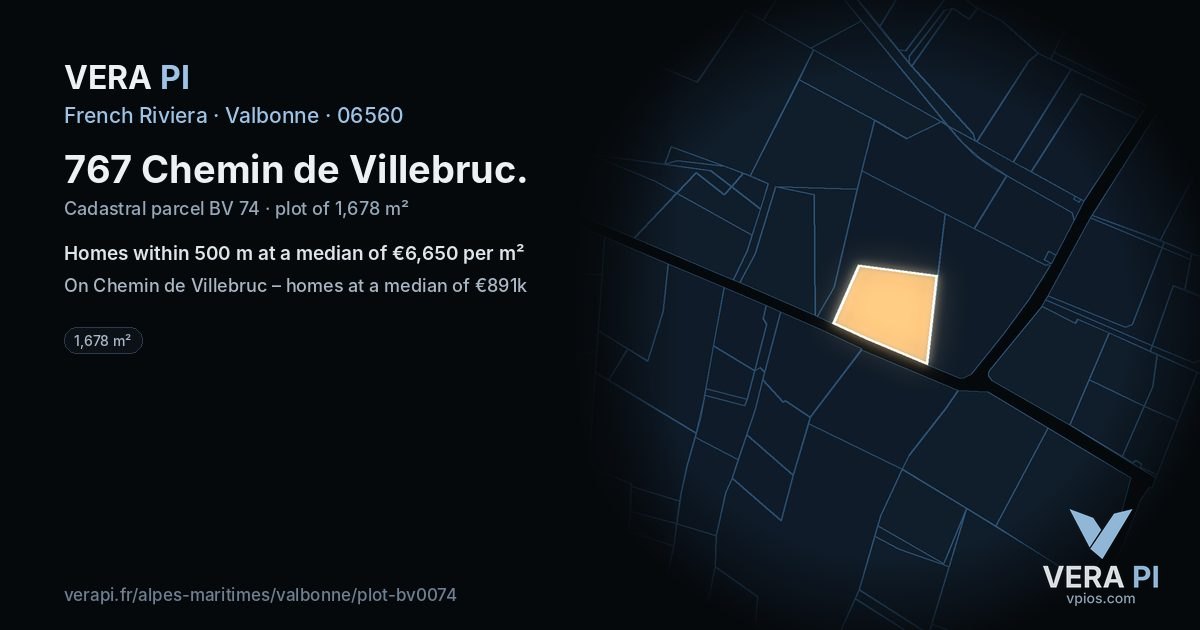 767 Chemin de Villebruc, Valbonne at night – the plot lit, the parcels around coloured by the prices near them