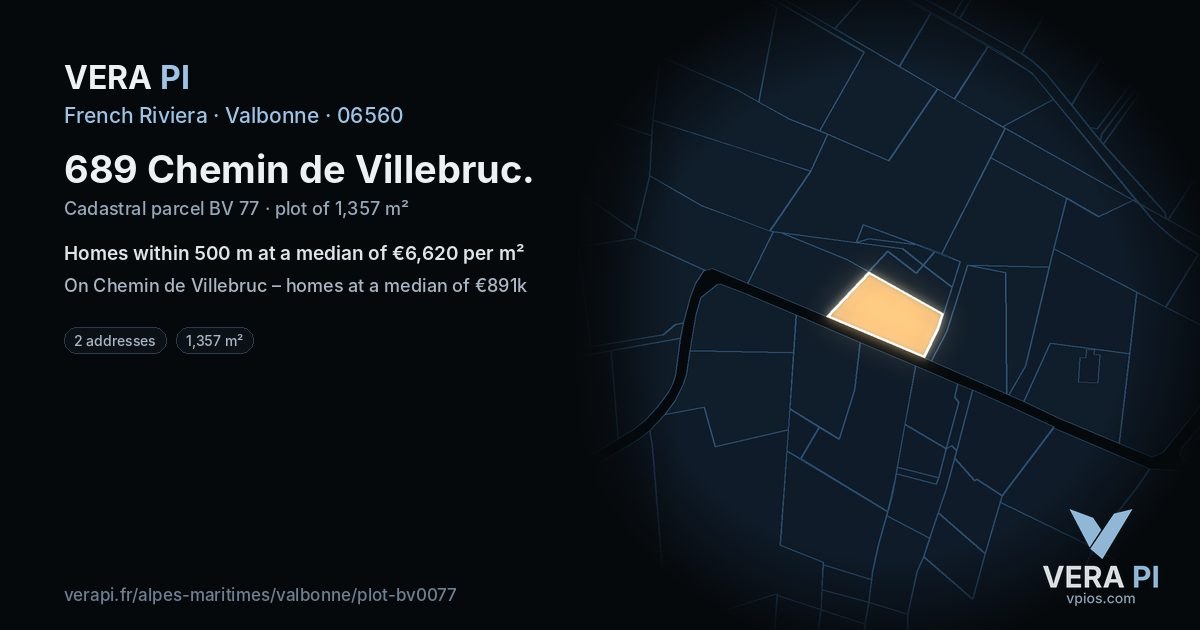 689 Chemin de Villebruc, Valbonne at night – the plot lit, the parcels around coloured by the prices near them