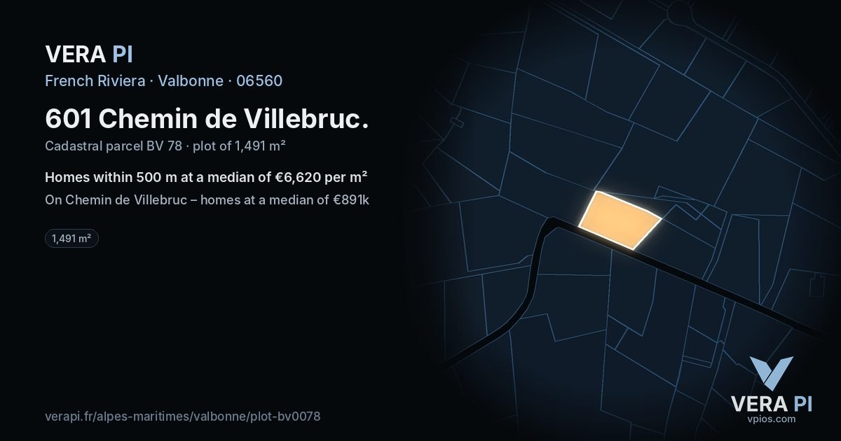 601 Chemin de Villebruc, Valbonne at night – the plot lit, the parcels around coloured by the prices near them