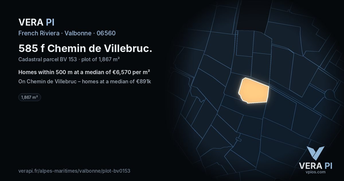585 f Chemin de Villebruc, Valbonne at night – the plot lit, the parcels around coloured by the prices near them