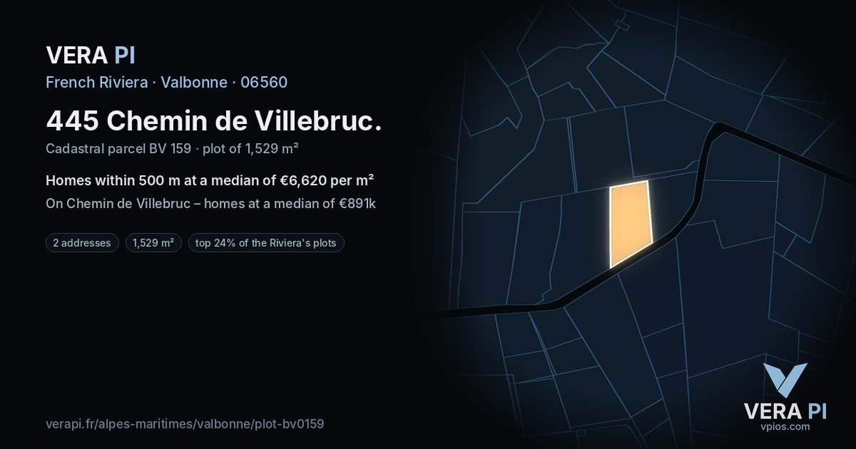 445 Chemin de Villebruc, Valbonne at night – the plot lit, the parcels around coloured by the prices near them