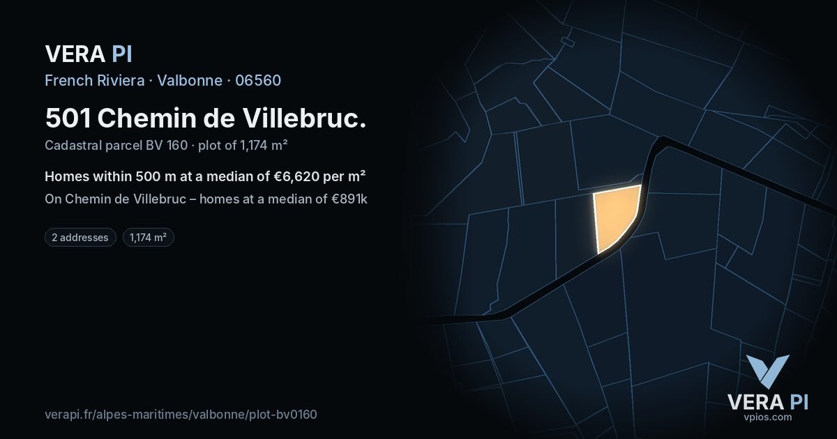 501 Chemin de Villebruc, Valbonne at night – the plot lit, the parcels around coloured by the prices near them