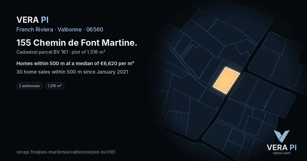 155 Chemin de Font Martine, Valbonne at night – the plot lit, the parcels around coloured by the prices near them