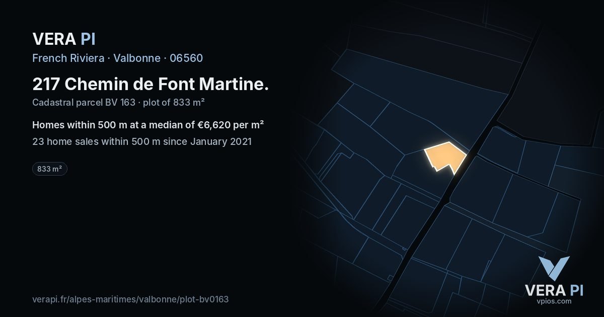 217 Chemin de Font Martine, Valbonne at night – the plot lit, the parcels around coloured by the prices near them