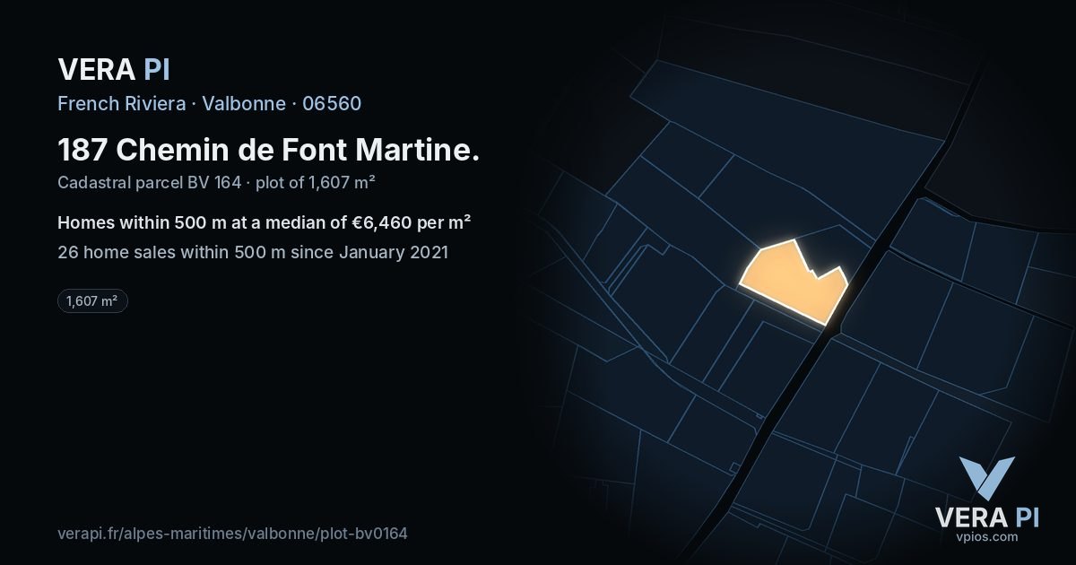 187 Chemin de Font Martine, Valbonne at night – the plot lit, the parcels around coloured by the prices near them
