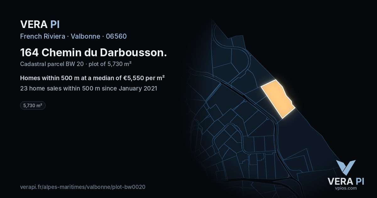 164 Chemin du Darbousson, Valbonne at night – the plot lit, the parcels around coloured by the prices near them