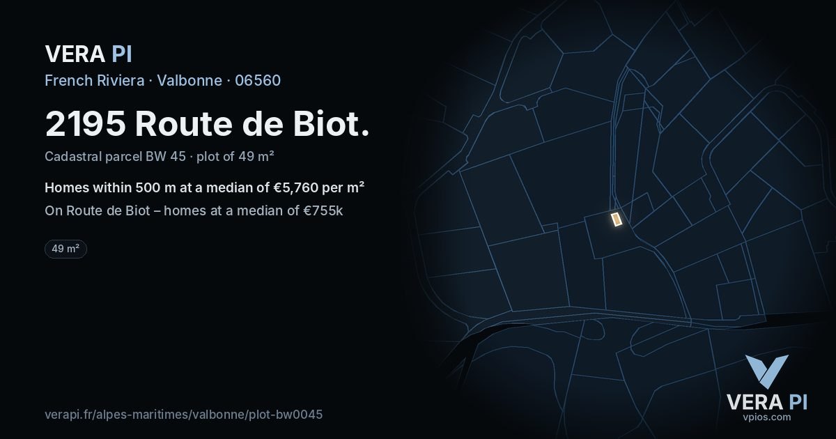 2195 Route de Biot, Valbonne at night – the plot lit, the parcels around coloured by the prices near them