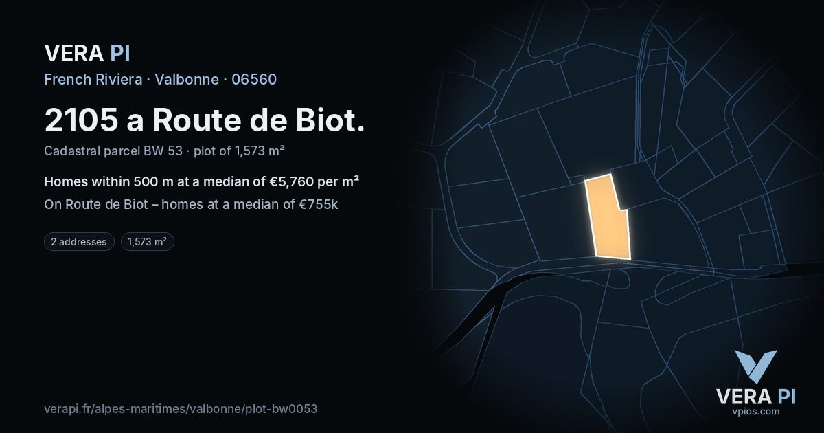 2105 a Route de Biot, Valbonne at night – the plot lit, the parcels around coloured by the prices near them