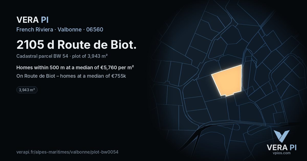 2105 d Route de Biot, Valbonne at night – the plot lit, the parcels around coloured by the prices near them