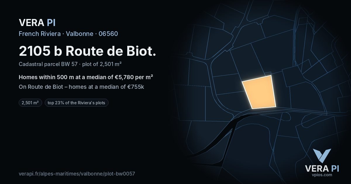 2105 b Route de Biot, Valbonne at night – the plot lit, the parcels around coloured by the prices near them