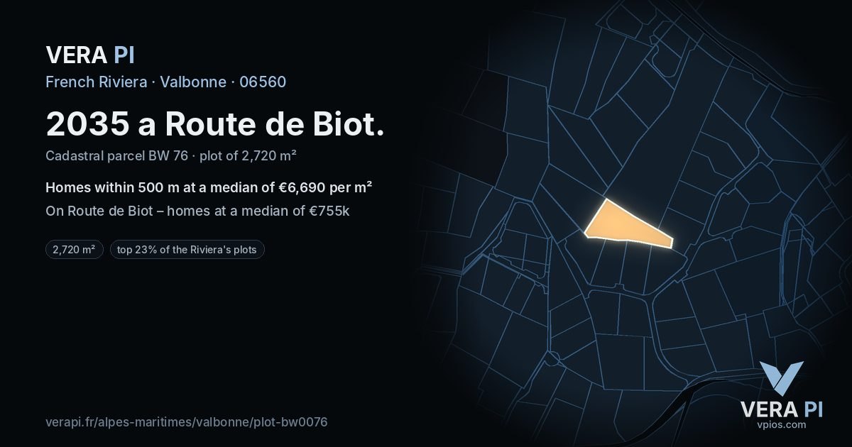 2035 a Route de Biot, Valbonne at night – the plot lit, the parcels around coloured by the prices near them