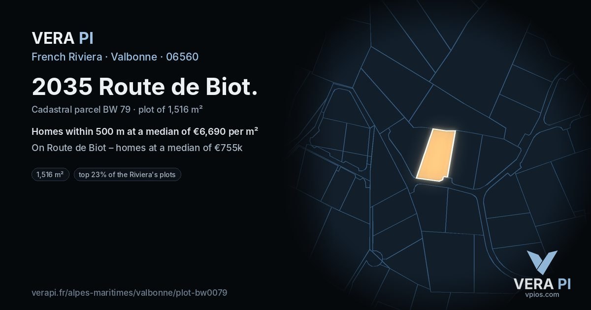 2035 Route de Biot, Valbonne at night – the plot lit, the parcels around coloured by the prices near them