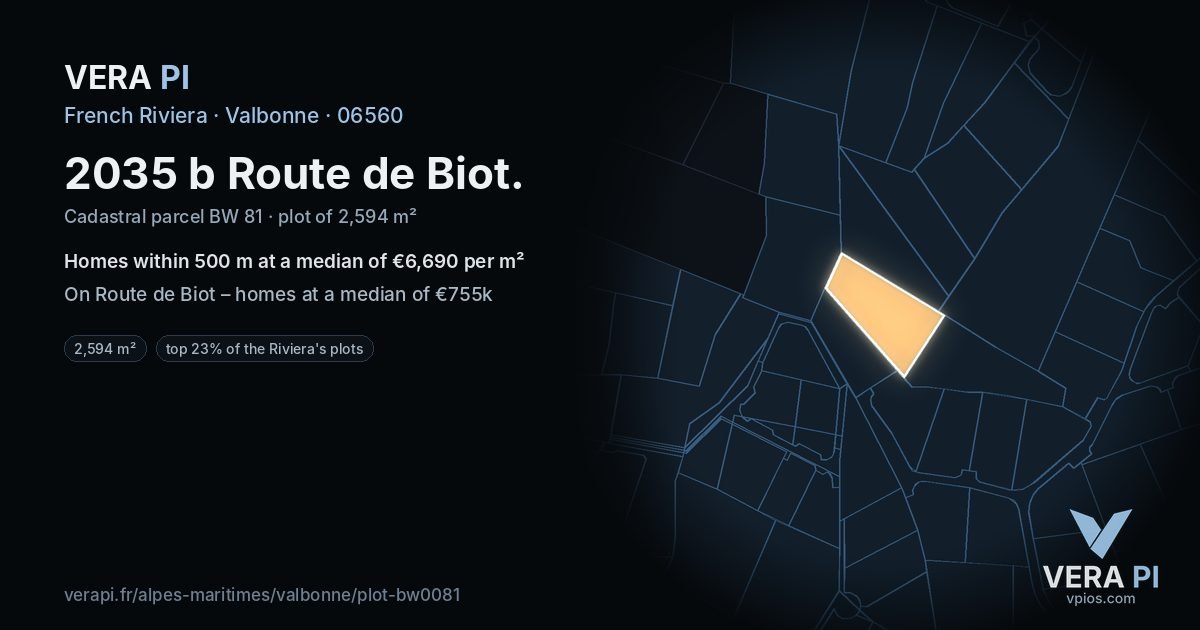 2035 b Route de Biot, Valbonne at night – the plot lit, the parcels around coloured by the prices near them