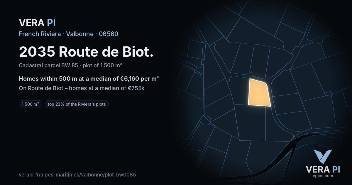 2035 Route de Biot, Valbonne at night – the plot lit, the parcels around coloured by the prices near them