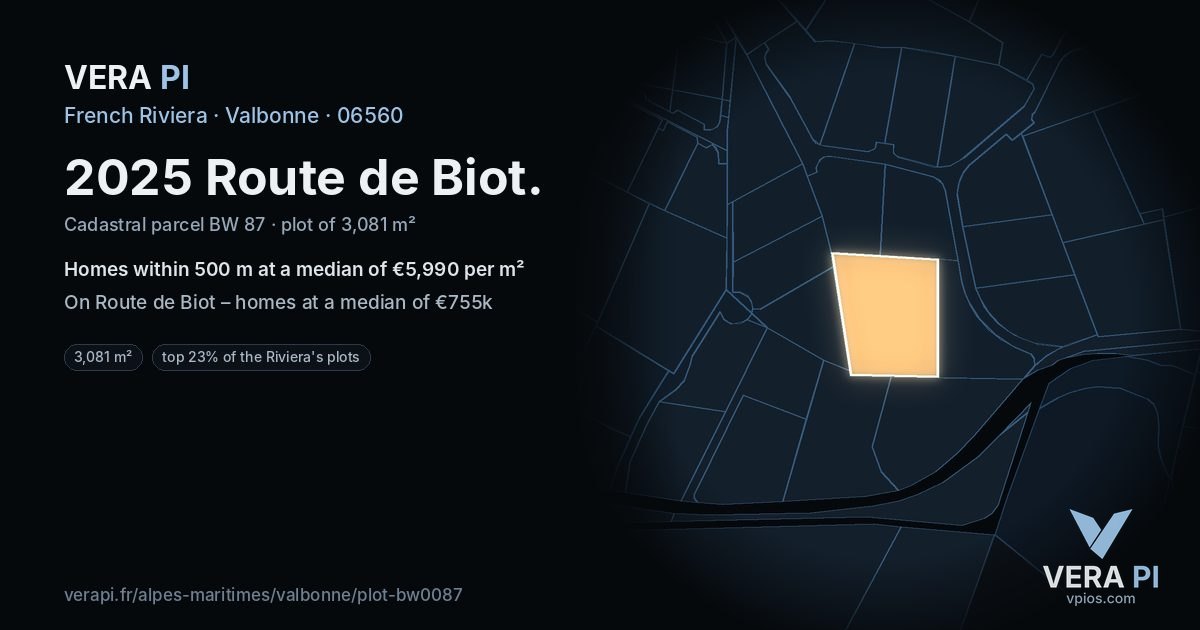 2025 Route de Biot, Valbonne at night – the plot lit, the parcels around coloured by the prices near them