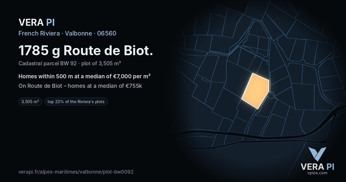1785 g Route de Biot, Valbonne at night – the plot lit, the parcels around coloured by the prices near them