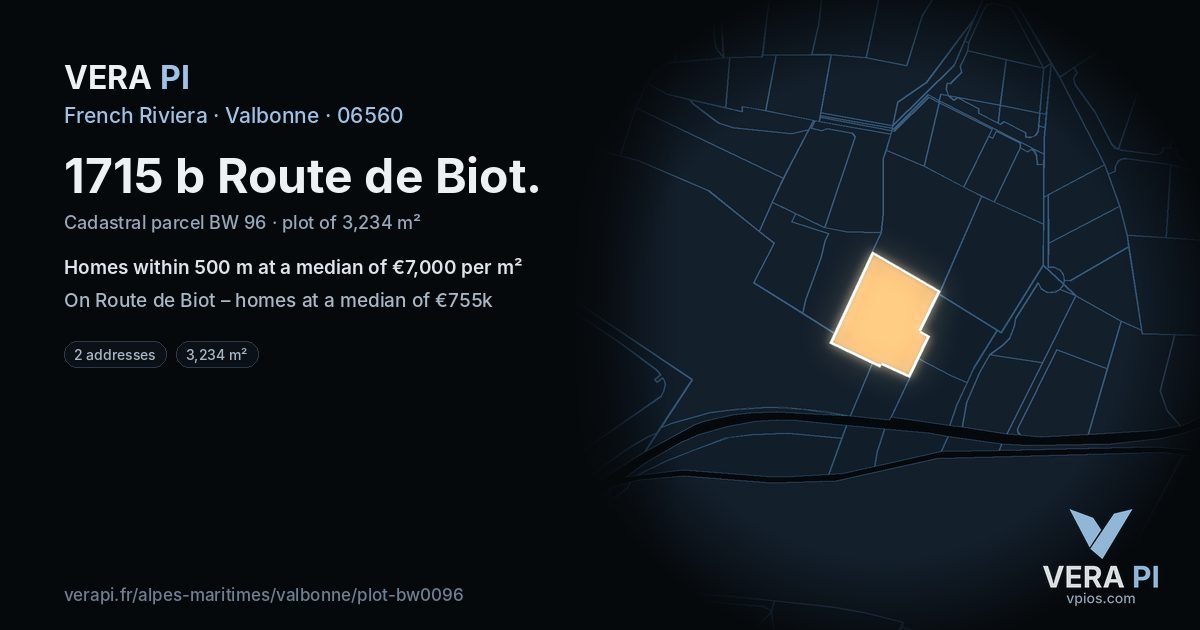 1715 b Route de Biot, Valbonne at night – the plot lit, the parcels around coloured by the prices near them