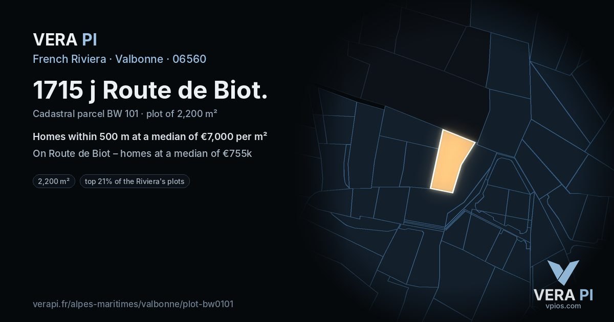 1715 j Route de Biot, Valbonne at night – the plot lit, the parcels around coloured by the prices near them