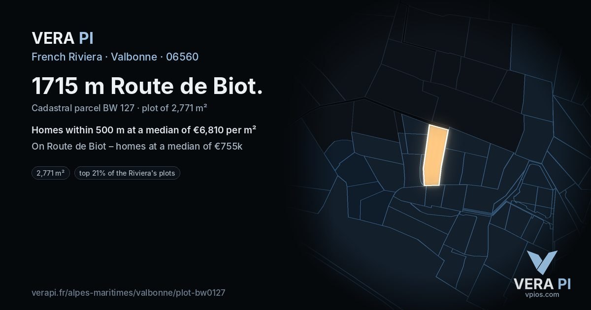 1715 m Route de Biot, Valbonne at night – the plot lit, the parcels around coloured by the prices near them