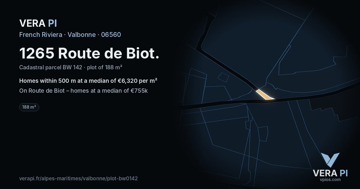 1265 Route de Biot, Valbonne at night – the plot lit, the parcels around coloured by the prices near them