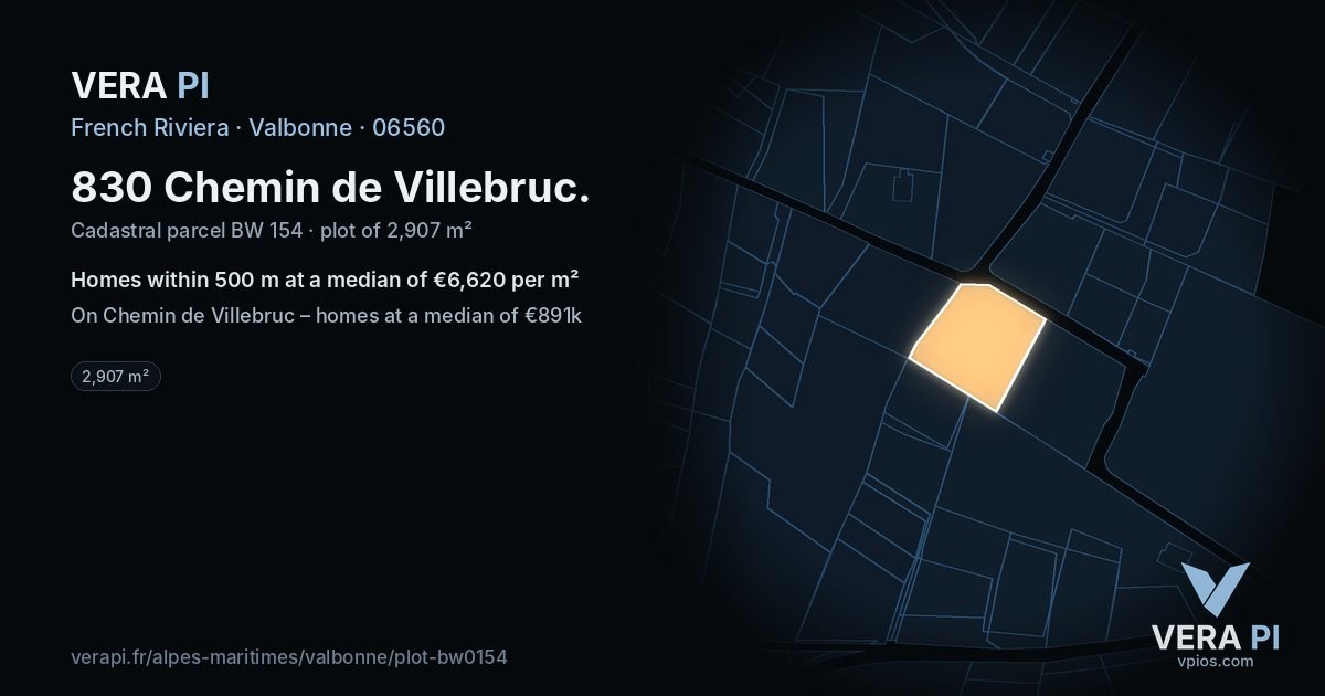 830 Chemin de Villebruc, Valbonne at night – the plot lit, the parcels around coloured by the prices near them