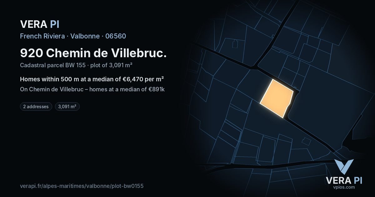 920 Chemin de Villebruc, Valbonne at night – the plot lit, the parcels around coloured by the prices near them