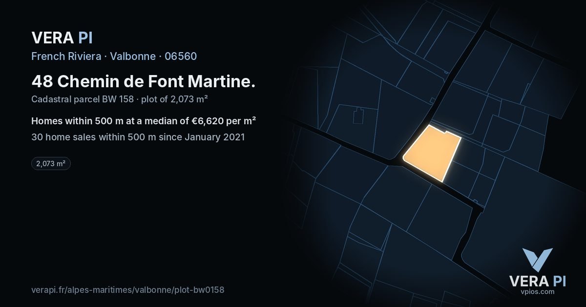 48 Chemin de Font Martine, Valbonne at night – the plot lit, the parcels around coloured by the prices near them