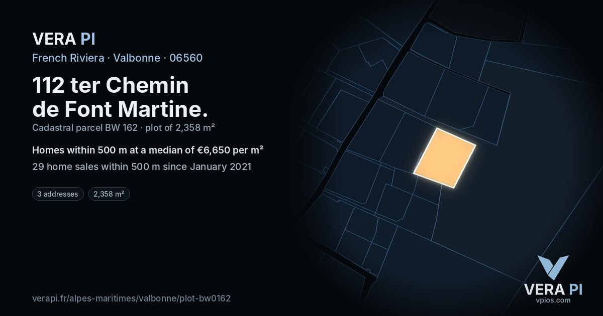 112 ter Chemin de Font Martine, Valbonne at night – the plot lit, the parcels around coloured by the prices near them