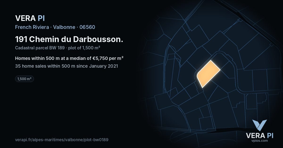 191 Chemin du Darbousson, Valbonne at night – the plot lit, the parcels around coloured by the prices near them