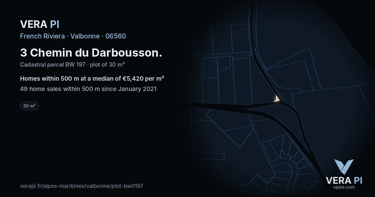 3 Chemin du Darbousson, Valbonne at night – the plot lit, the parcels around coloured by the prices near them