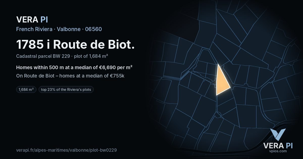 1785 i Route de Biot, Valbonne at night – the plot lit, the parcels around coloured by the prices near them