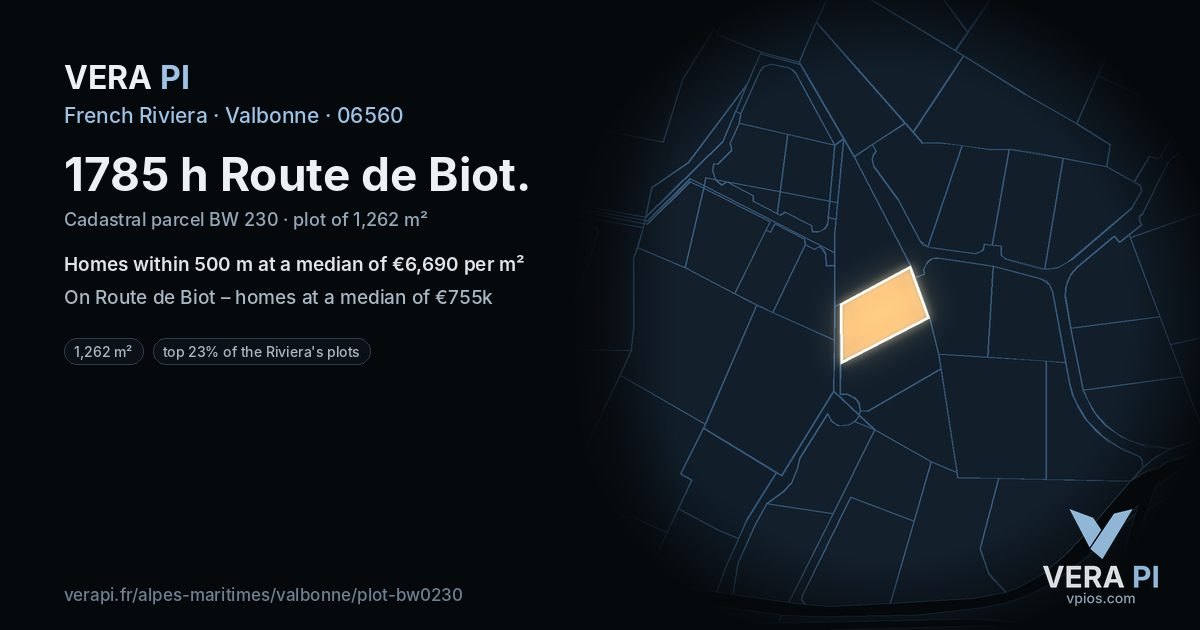 1785 h Route de Biot, Valbonne at night – the plot lit, the parcels around coloured by the prices near them
