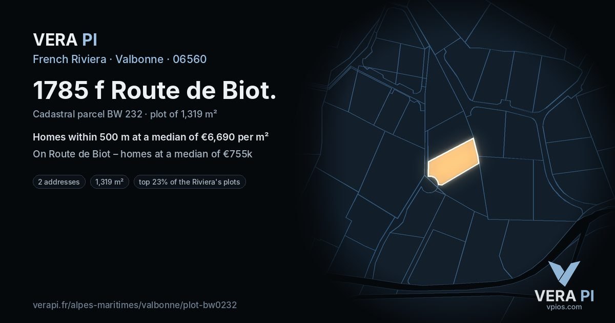 1785 f Route de Biot, Valbonne at night – the plot lit, the parcels around coloured by the prices near them