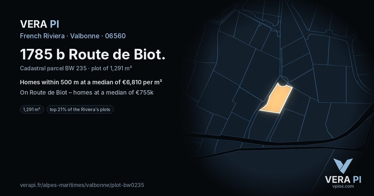 1785 b Route de Biot, Valbonne at night – the plot lit, the parcels around coloured by the prices near them