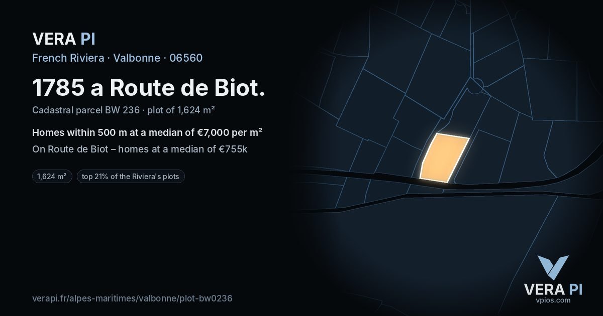 1785 a Route de Biot, Valbonne at night – the plot lit, the parcels around coloured by the prices near them