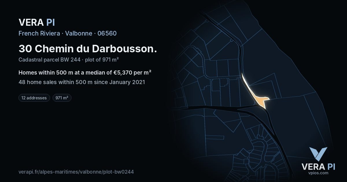 30 Chemin du Darbousson, Valbonne at night – the plot lit, the parcels around coloured by the prices near them