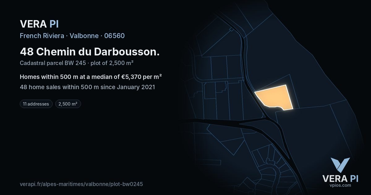 48 Chemin du Darbousson, Valbonne at night – the plot lit, the parcels around coloured by the prices near them