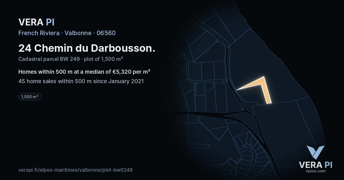 24 Chemin du Darbousson, Valbonne at night – the plot lit, the parcels around coloured by the prices near them