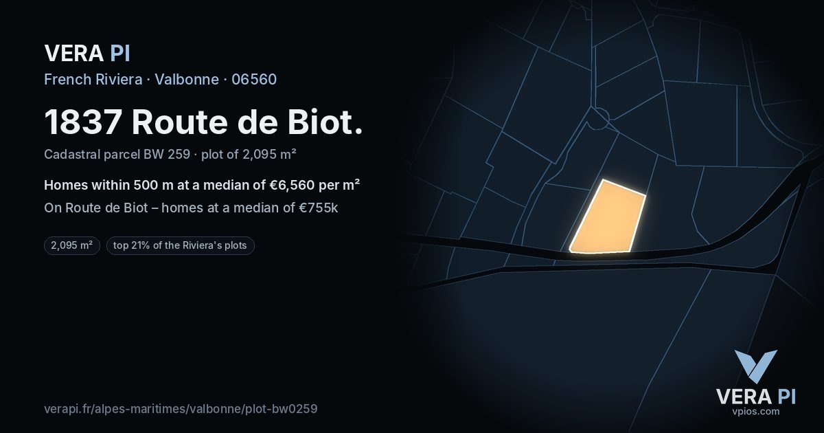 1837 Route de Biot, Valbonne at night – the plot lit, the parcels around coloured by the prices near them