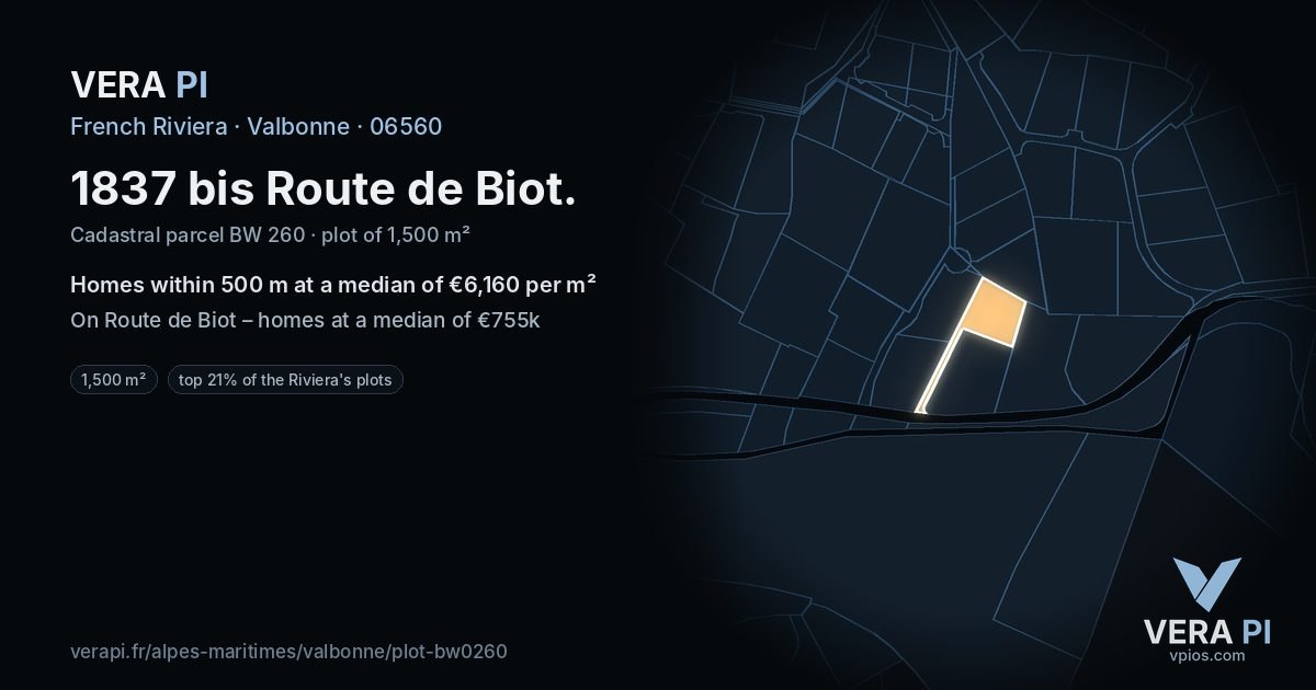 1837 bis Route de Biot, Valbonne at night – the plot lit, the parcels around coloured by the prices near them