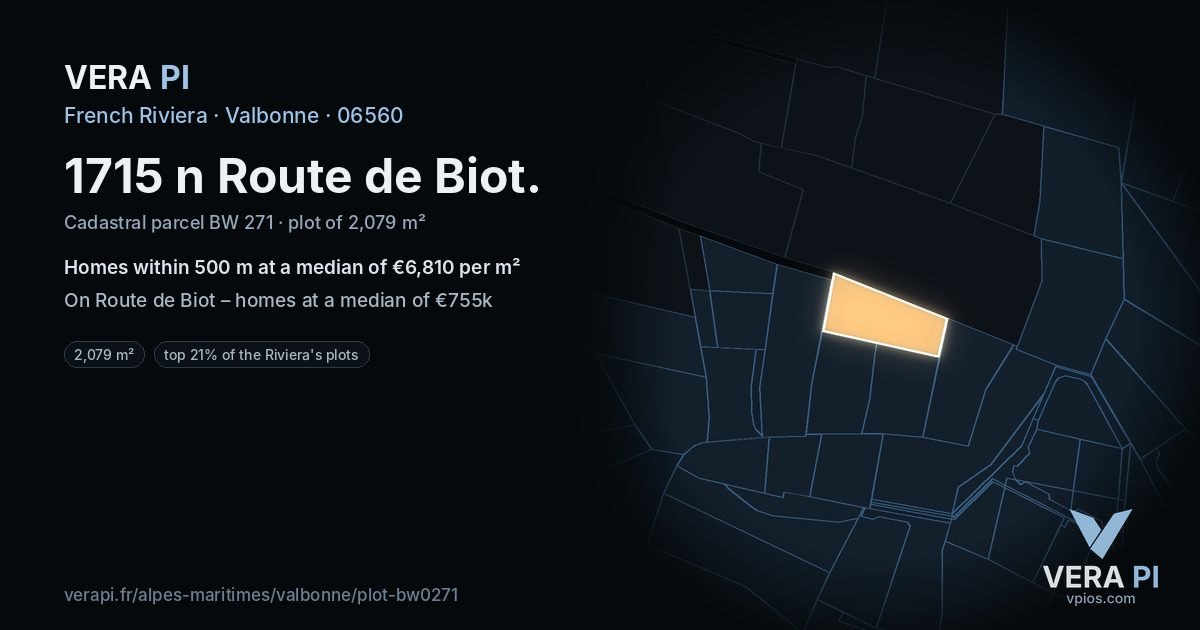 1715 n Route de Biot, Valbonne at night – the plot lit, the parcels around coloured by the prices near them