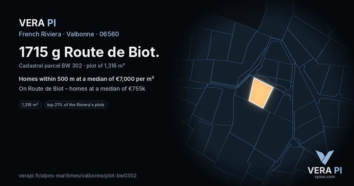 1715 g Route de Biot, Valbonne at night – the plot lit, the parcels around coloured by the prices near them