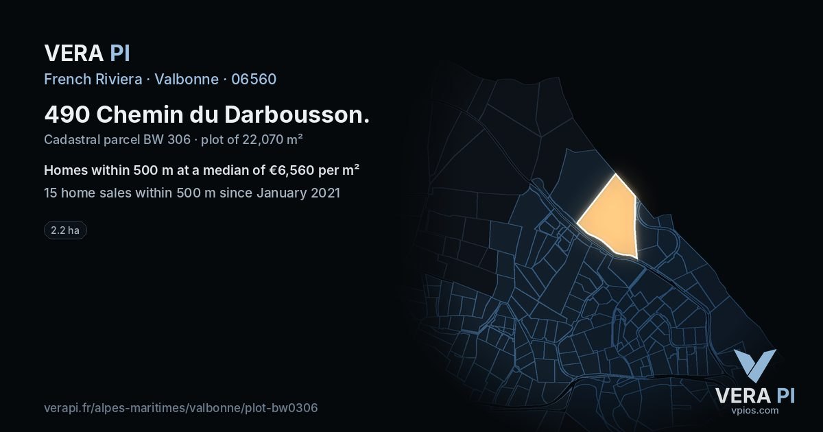 490 Chemin du Darbousson, Valbonne at night – the plot lit, the parcels around coloured by the prices near them