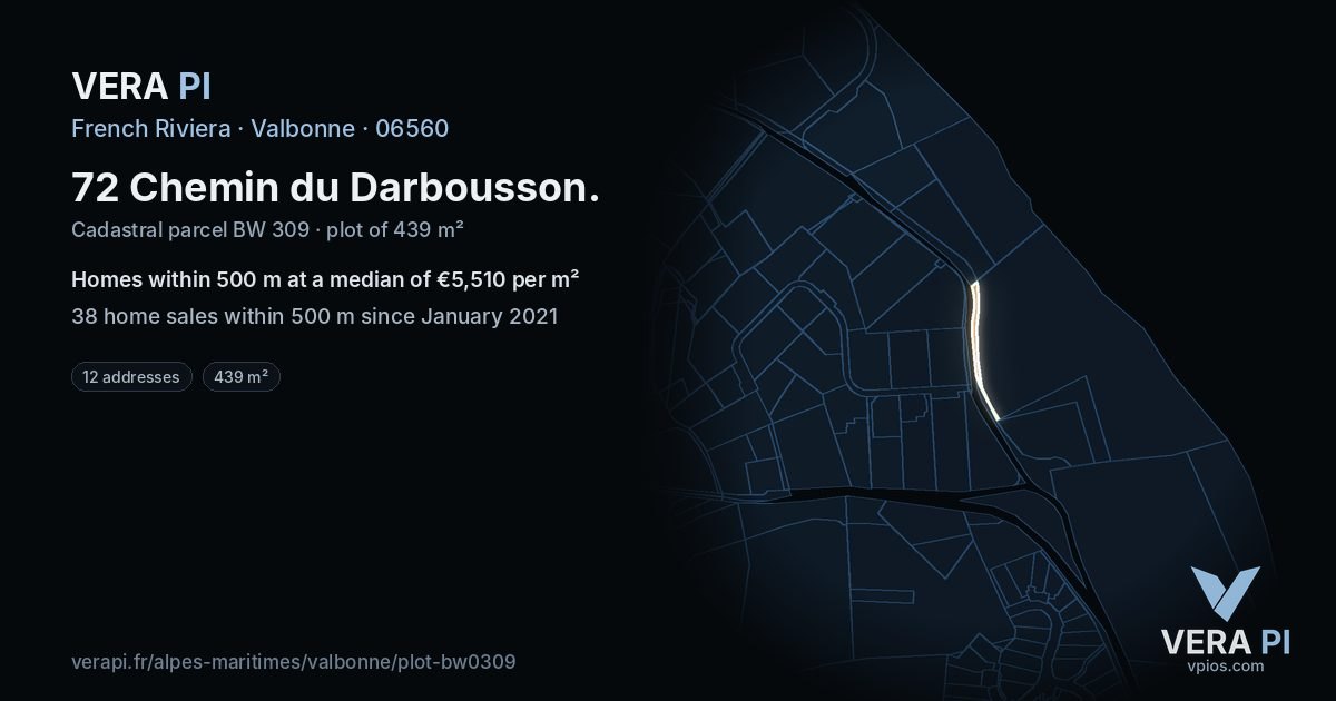 72 Chemin du Darbousson, Valbonne at night – the plot lit, the parcels around coloured by the prices near them